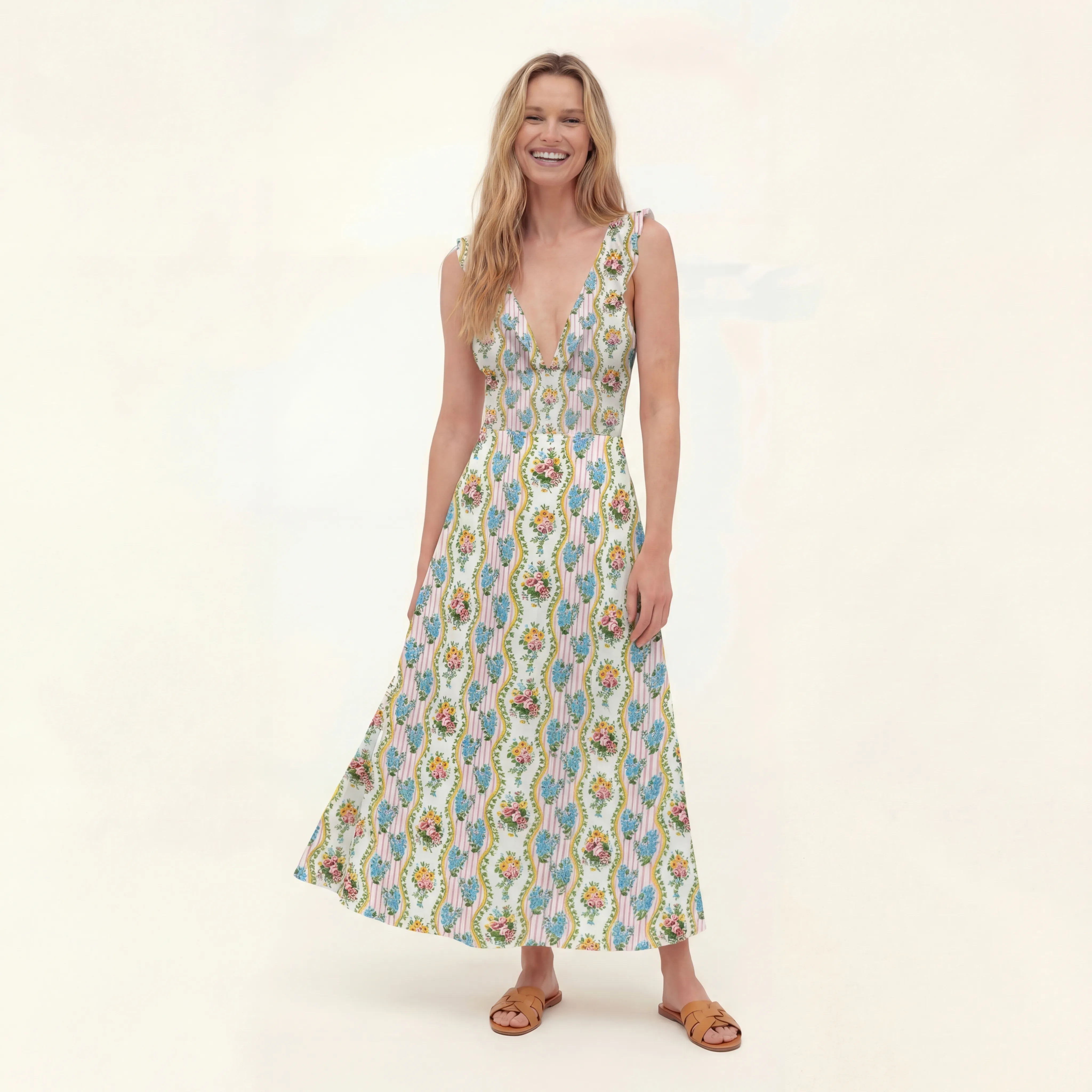 Vintage Bouquet Rose Ruffled V Neck One Piece Swimsuit and Matching Midi Skirt Set