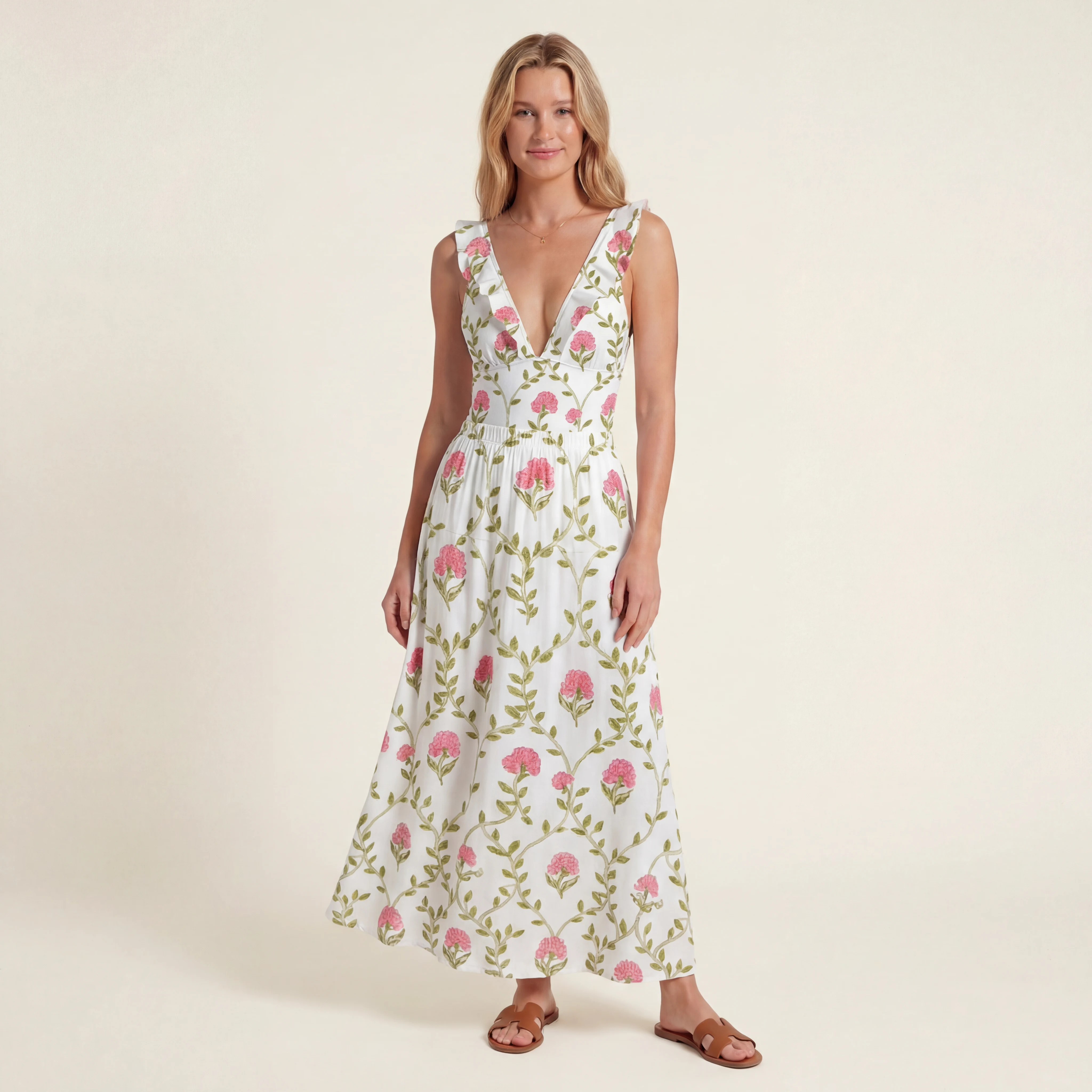 Clover Vine Whisper Ruffled V Neck One Piece Swimsuit and Matching Midi Skirt Set