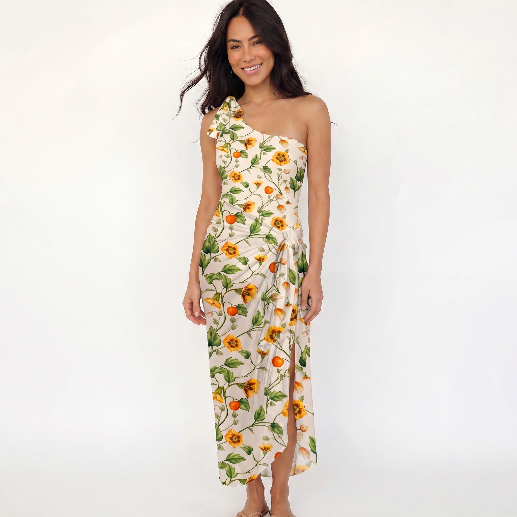 Golden Field One Shoulder One Piece Swimsuit and Matching Sarong Set for Women