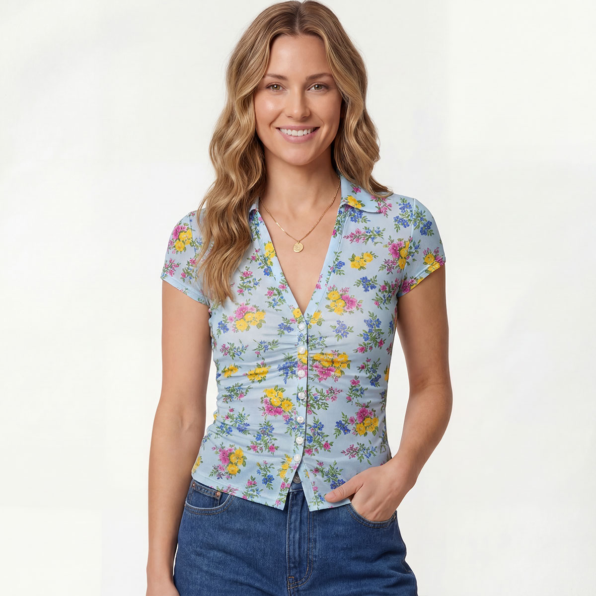 V-Neck Short Sleeve Blue Meadow Print Mesh Top