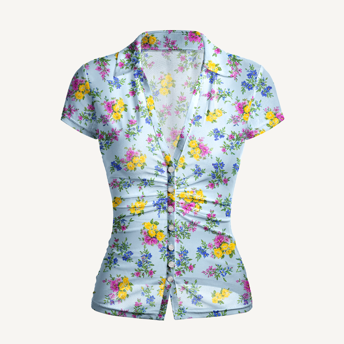 V-Neck Short Sleeve Blue Meadow Print Mesh Top