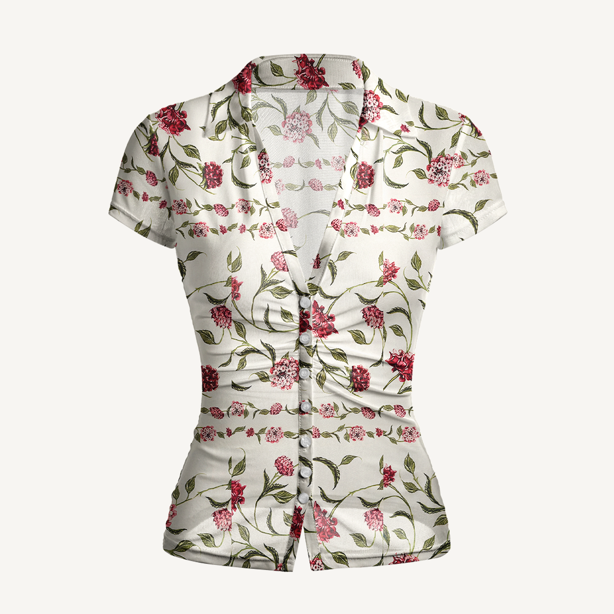 V-Neck Short Sleeve Red Floral Print Mesh Top