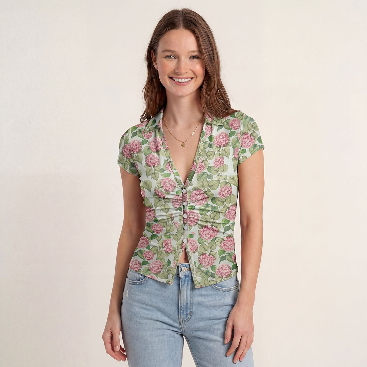 V-Neck Short Sleeve Hydrangea Whisper Print Mesh Top