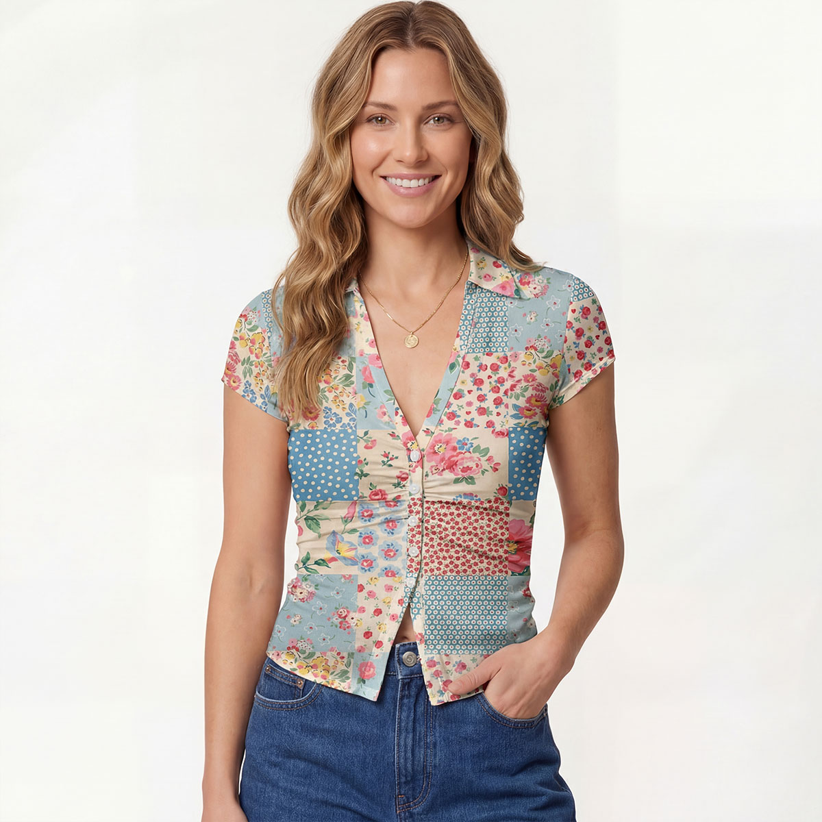 V-Neck Short Sleeve Pastel Patc Print Mesh Top