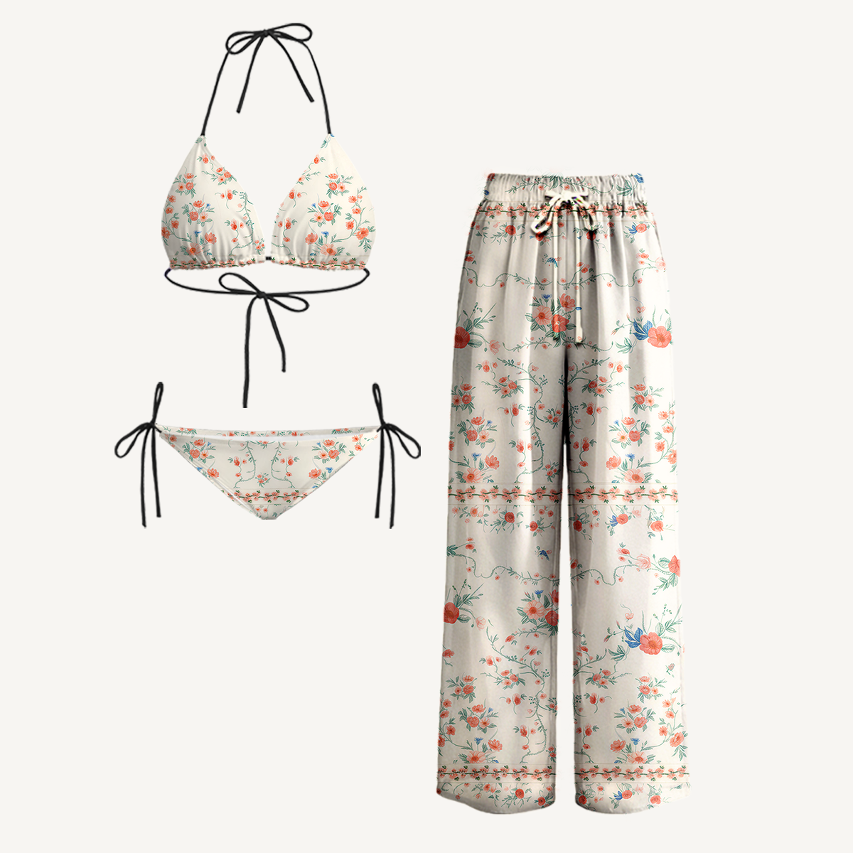 Wild Bloom Tie Side Bikini Set with Matching Pants