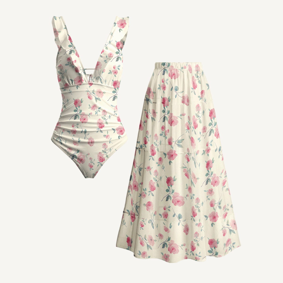 Blush Rose Ruffled V Neck One Piece Swimsuit and Matching Midi Skirt Set