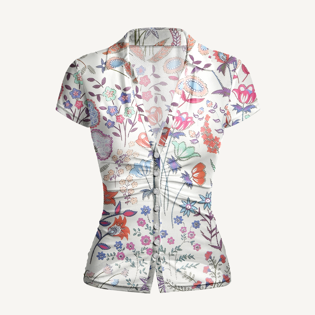V-Neck Short Sleeve Bohemian Wildflower Garden Print Mesh Top