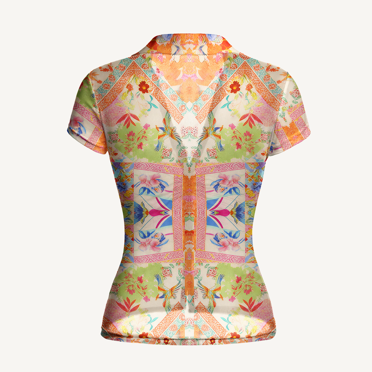 V-Neck Short Sleeve Vivid Lily Print Mesh Top