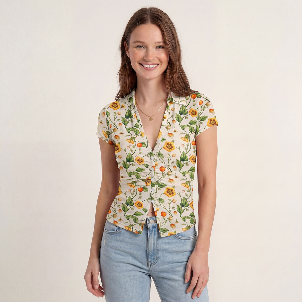 V-Neck Short Sleeve Golden Field Print Mesh Top