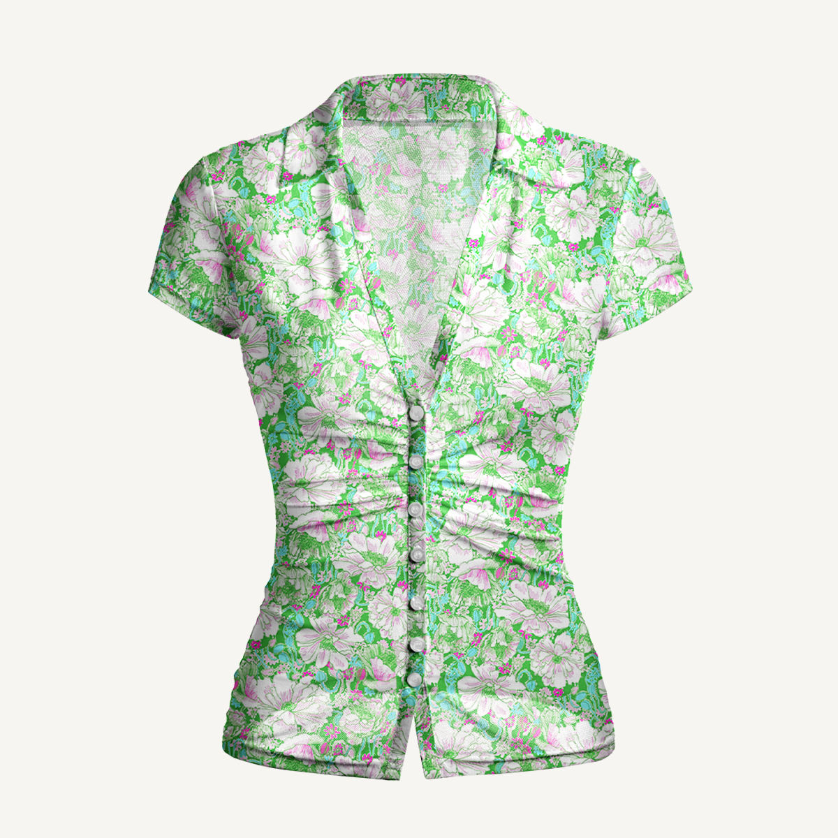 V-Neck Short Sleeve Mint Garden Print Mesh Top