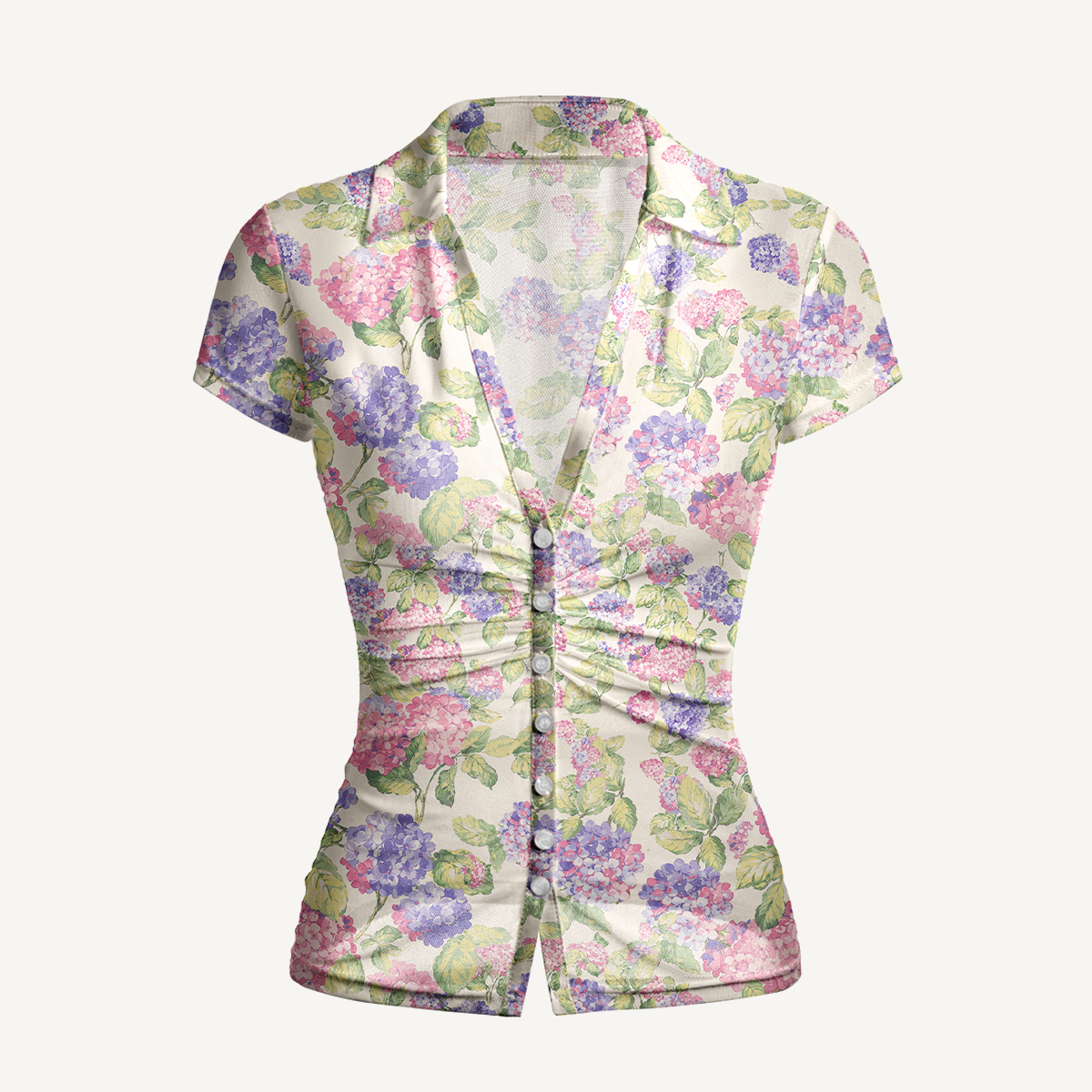 V-Neck Short Sleeve Lilac Hydrangea Print Mesh Top