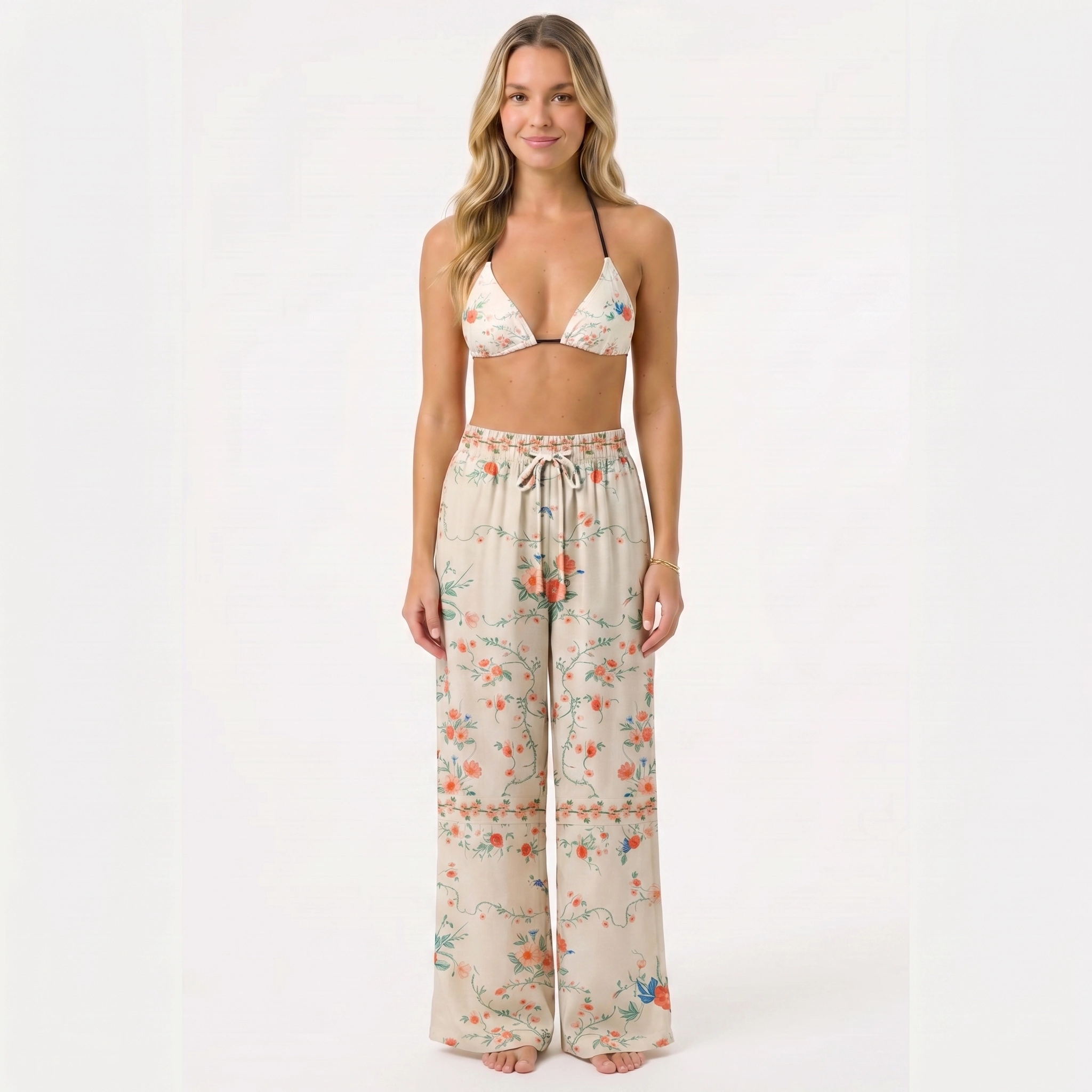Wild Bloom Tie Side Bikini Set with Matching Pants