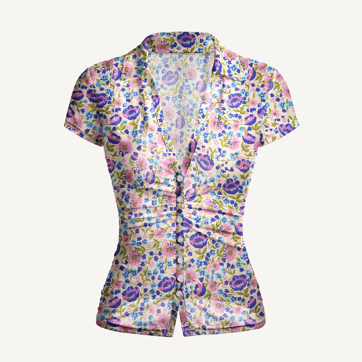 V-Neck Short Sleeve Lavender Bloom Print Mesh Top