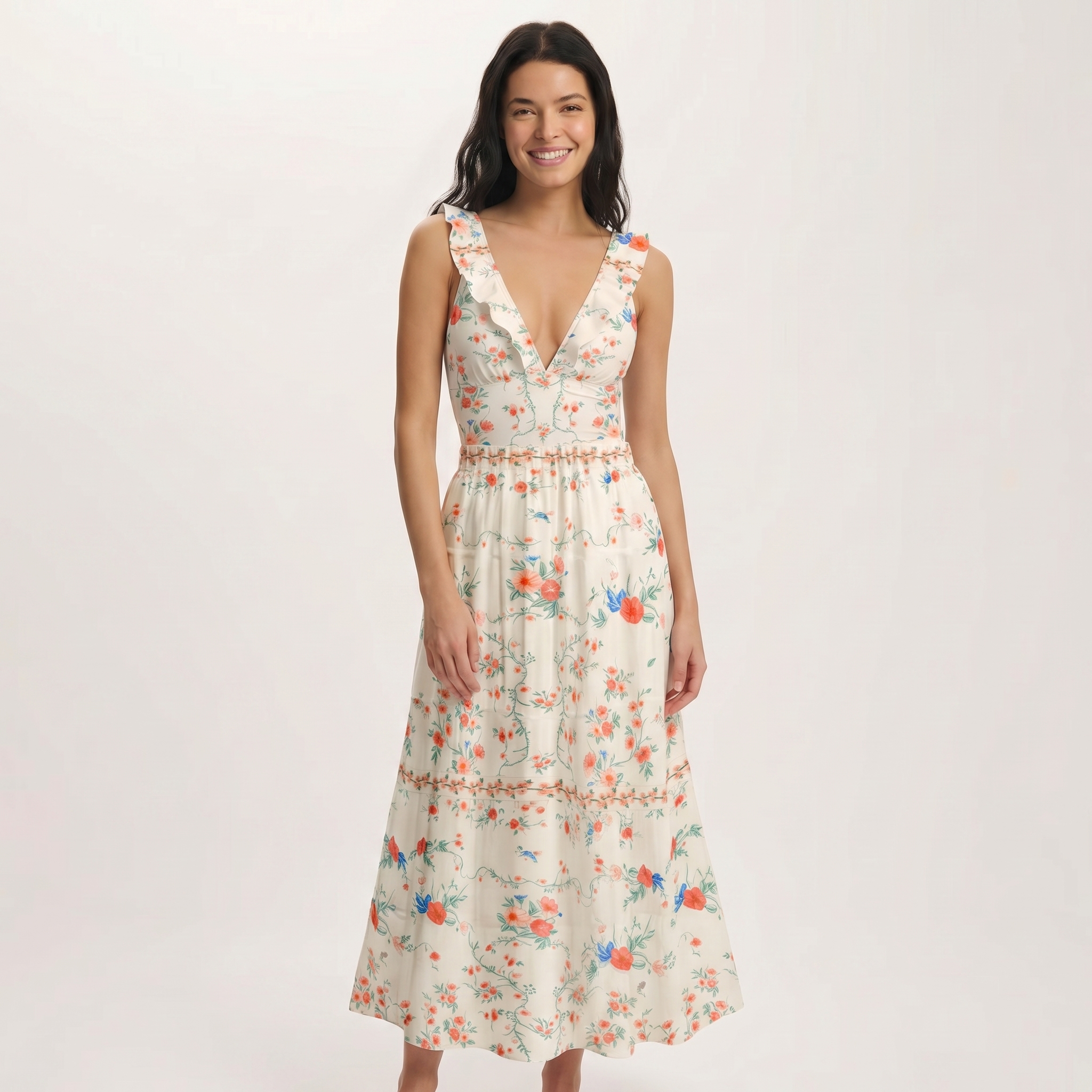 Wild Bloom Ruffled V Neck One Piece Swimsuit and Matching Midi Skirt Set