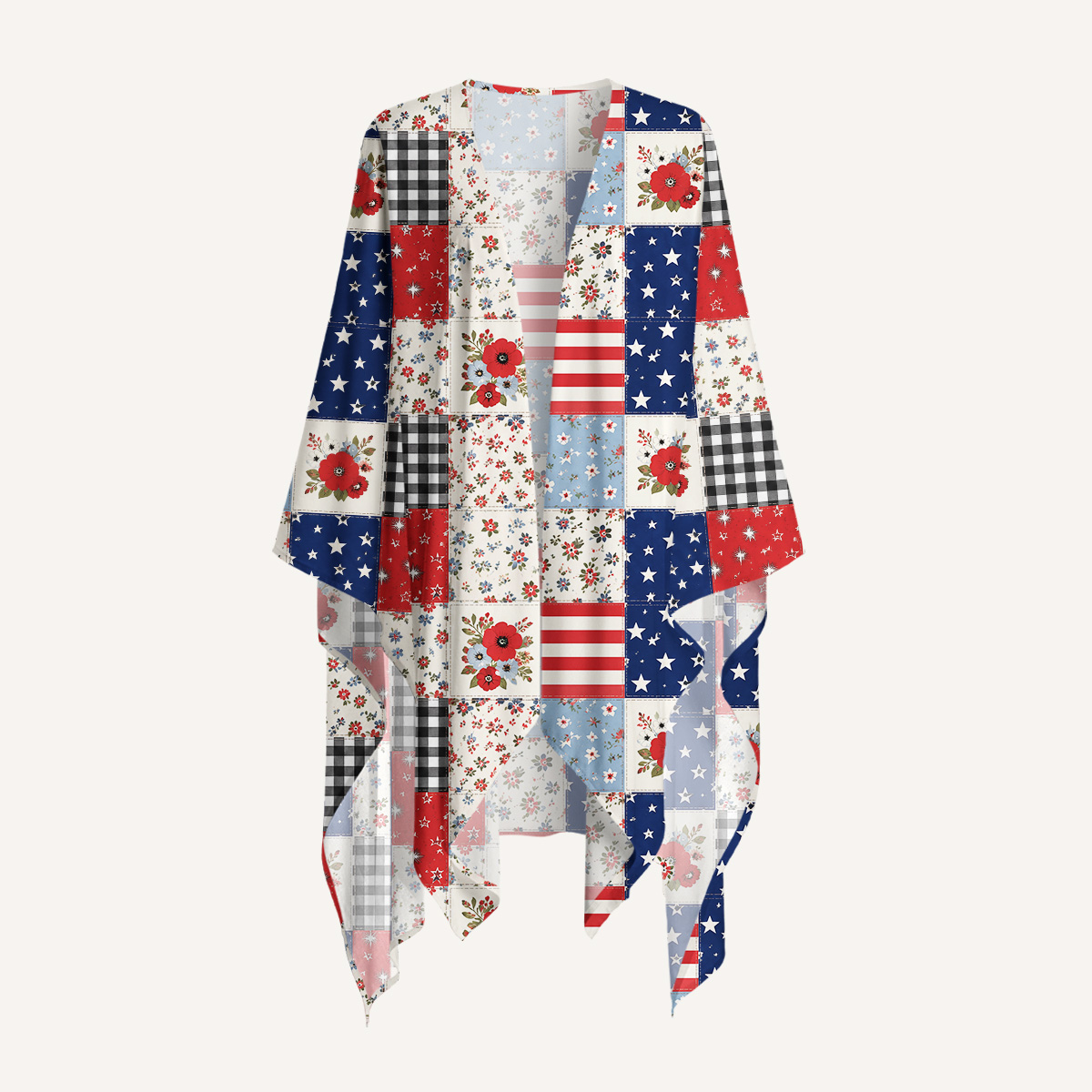 Flower Americana Patchwork Print Kimono Shawl Wrap