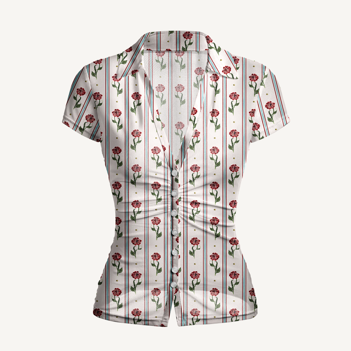 V-Neck Short Sleeve Crimson Dianthus Print Mesh Top