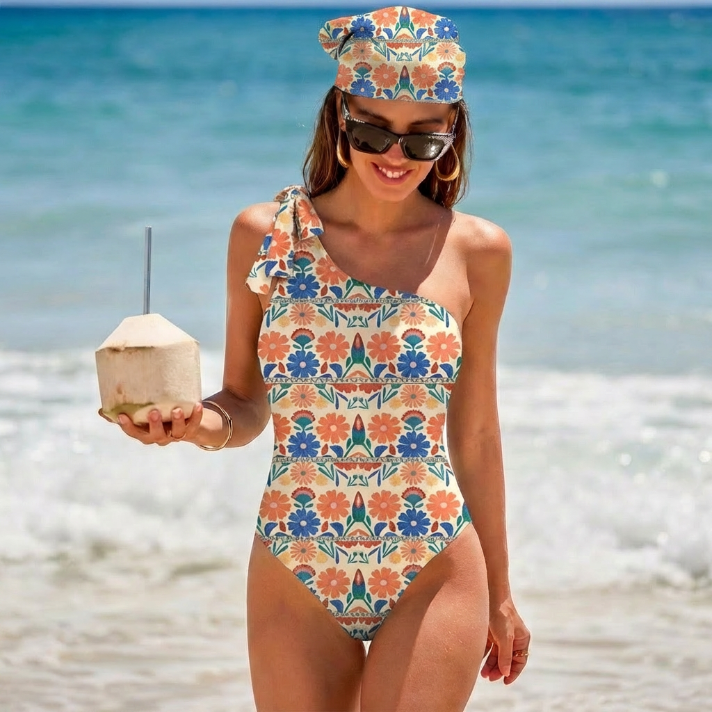 Bohemian Folk Floral Stripe One Shoulder One Piece Swimsuit and Matching Sarong Set for Women